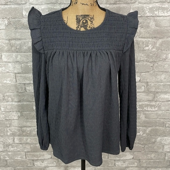 Loft Slate Blue Smocked Ruffle Top - Picture 1 of 6